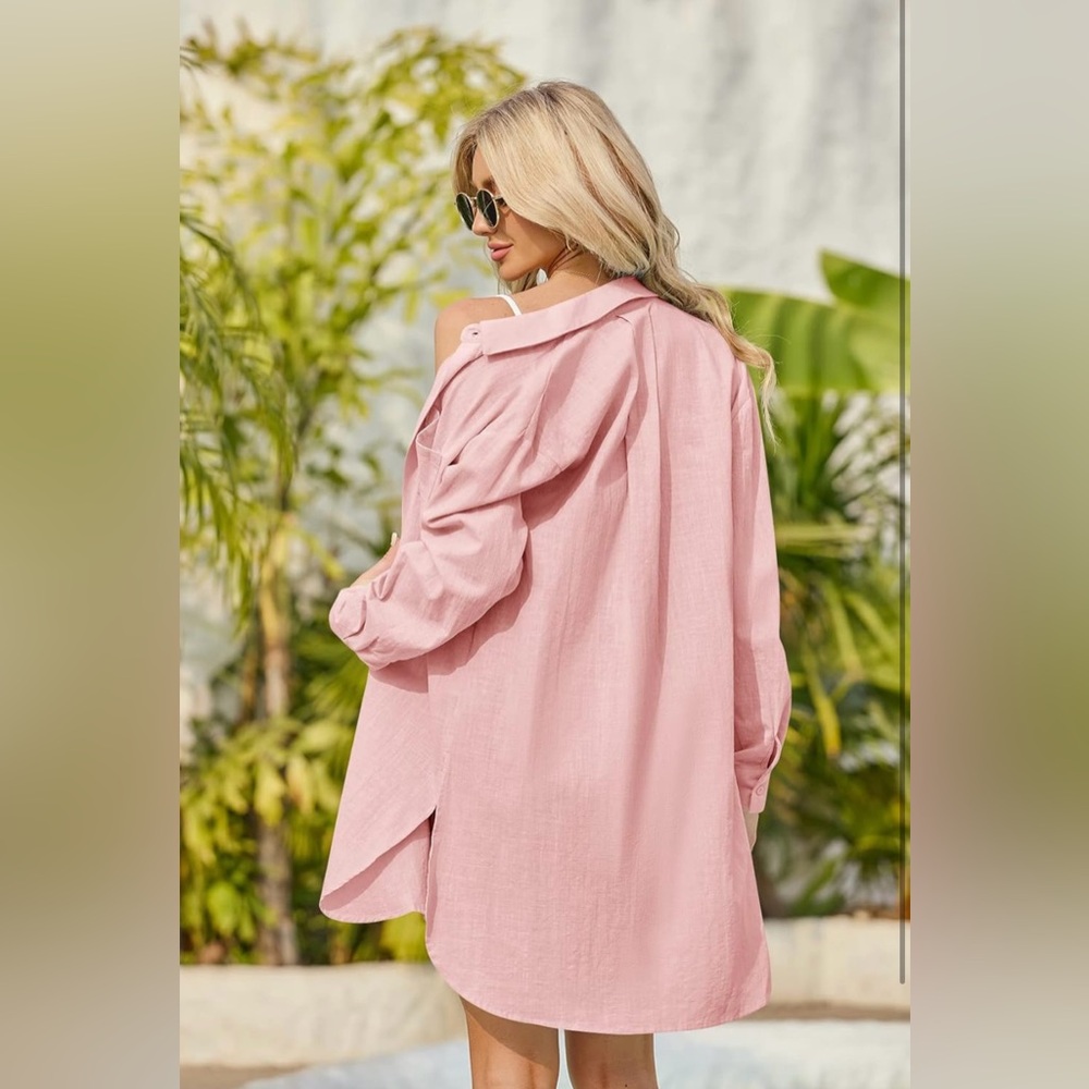 Runcati Women's Linen Cotton Button Down Tunic Shirt Cover Up, Pink Medium - NWT - Picture 3 of 6
